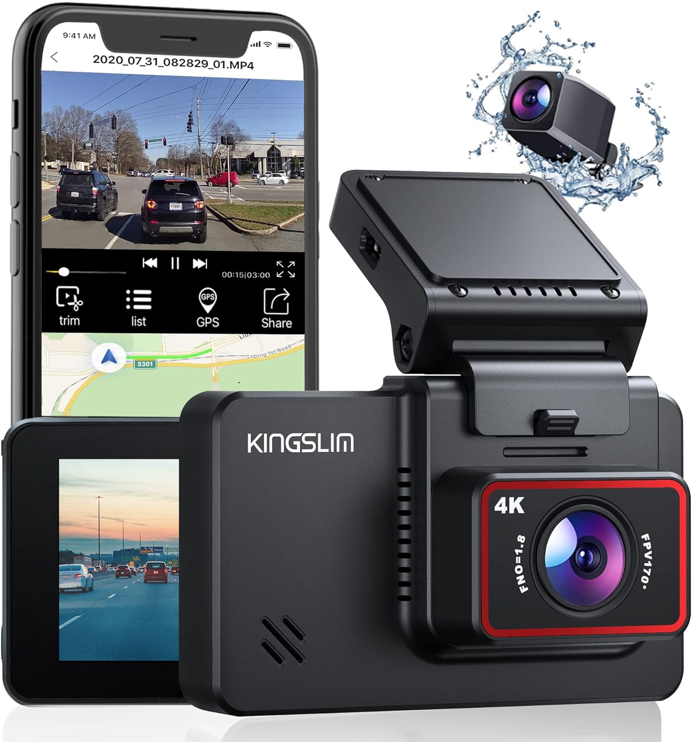 Kingslim D4 Dual Dash Cam: 4K Front, 1080P Rear, WiFi, GPS