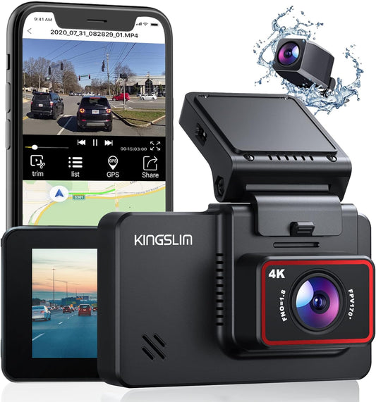 Kingslim D4 Dual Dash Cam: 4K Front, 1080P Rear, WiFi, GPS