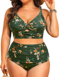 Plus Size Two Piece Swimsuit for Women - Green Floral High Waist