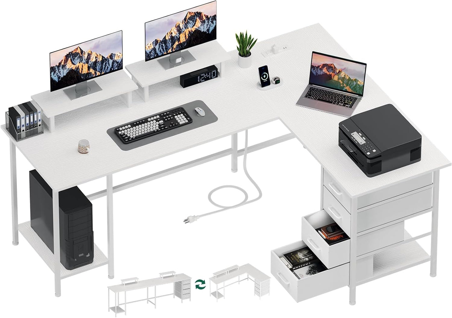 66 L Shaped Computer Desk with Power Outlets and Drawers