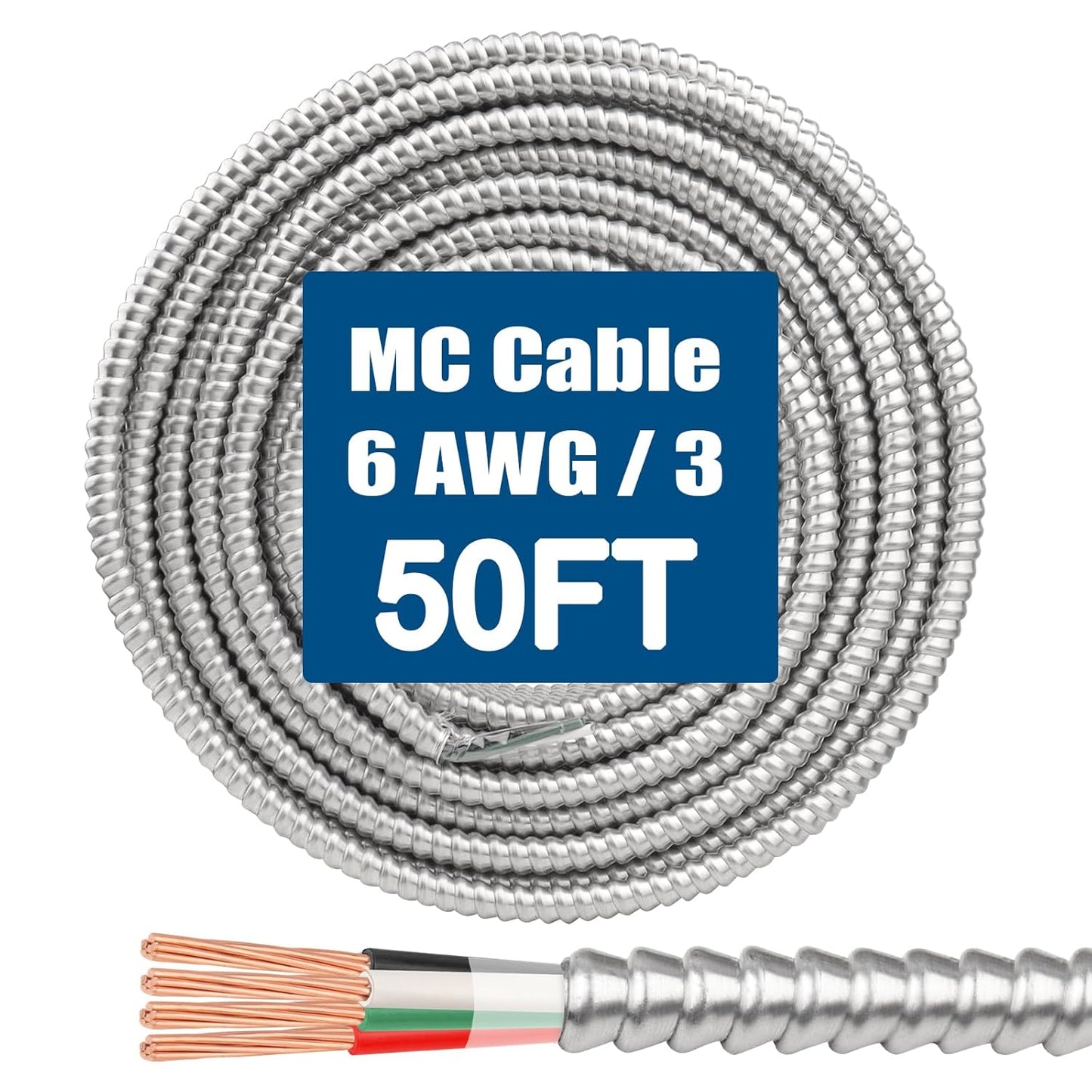 6/3 MC Cable with Ground - 50FT Pure Copper 6AWG/3 Wire