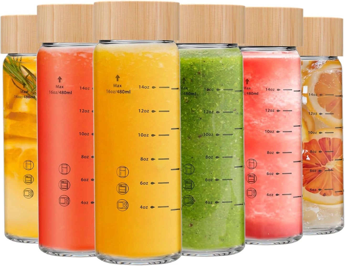 16oz Juice Bottles - 6 Pack Glass Bottles with Bamboo Lids