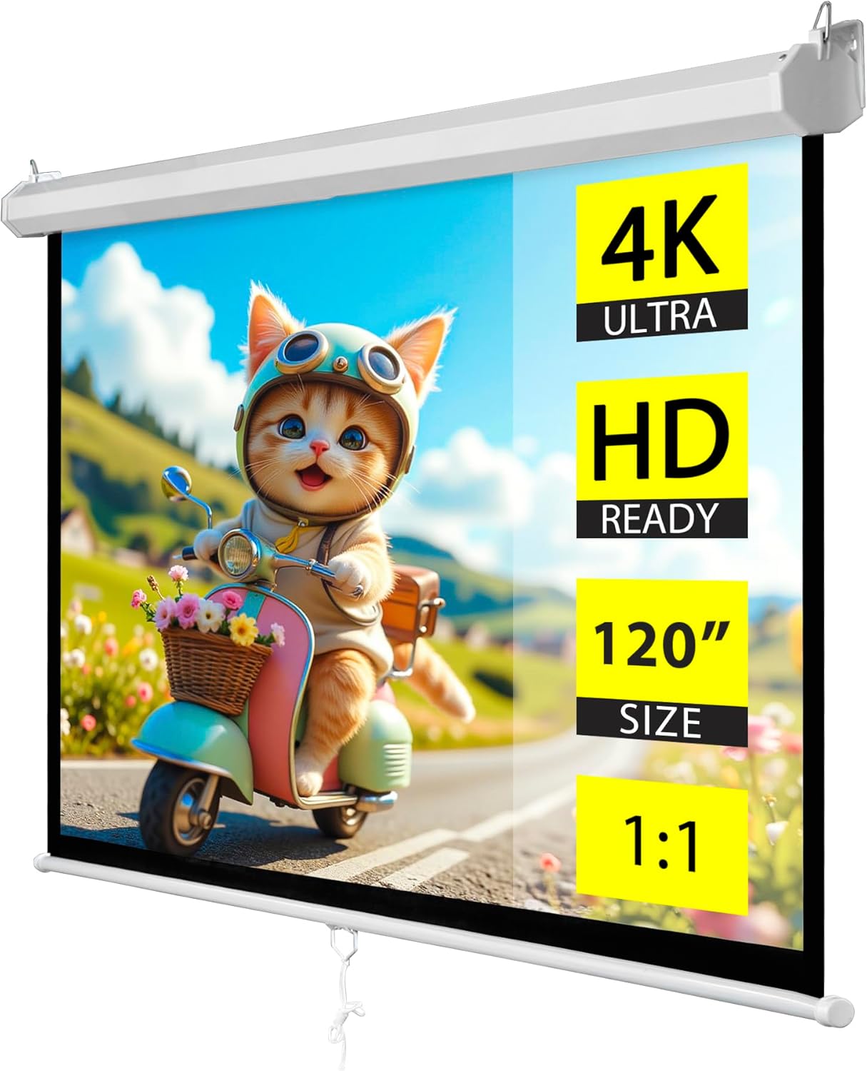 ZENY 120'' Manual Pull Down Projector Screen - Crisp Indoor/Outdoor Viewing