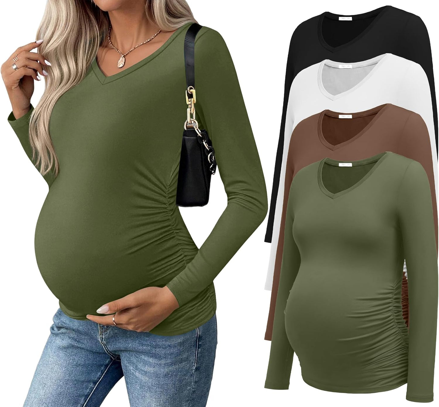 Ekouaer Womens Maternity Shirts Long Sleeve 4 Pack V Neck Tops