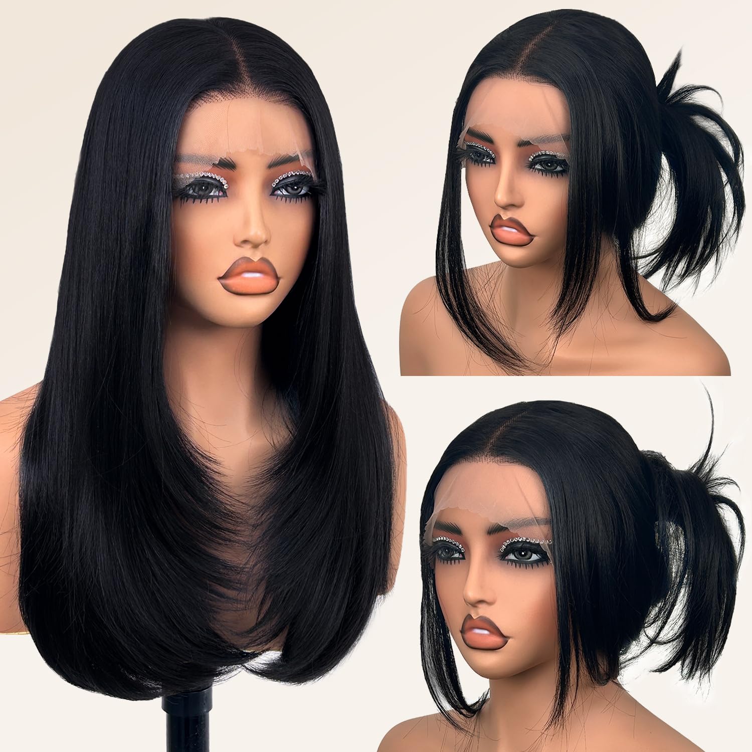 Glueless Synthetic Lace Front Wig 26 Inch Straight Black Hair