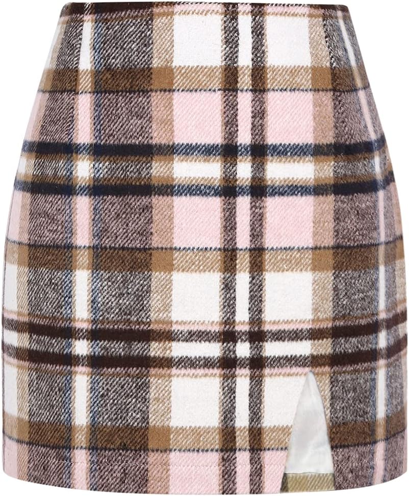 Plaid Mini Skirts for Womens High Waisted Wool Bodycon Style