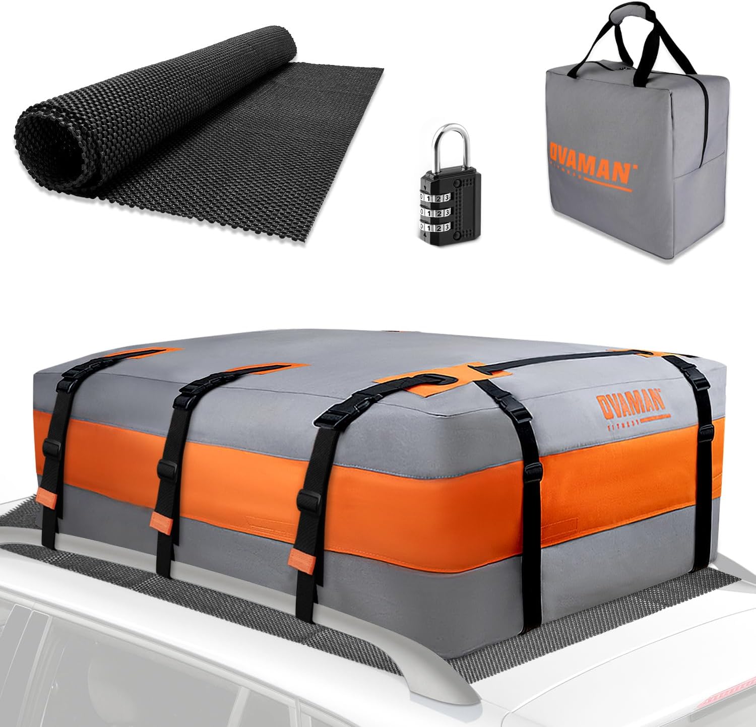 OVAMAN 23 Cu Ft Waterproof Car Roof Bag - Heavy Duty with Anti-Slip Mat & 10 Straps