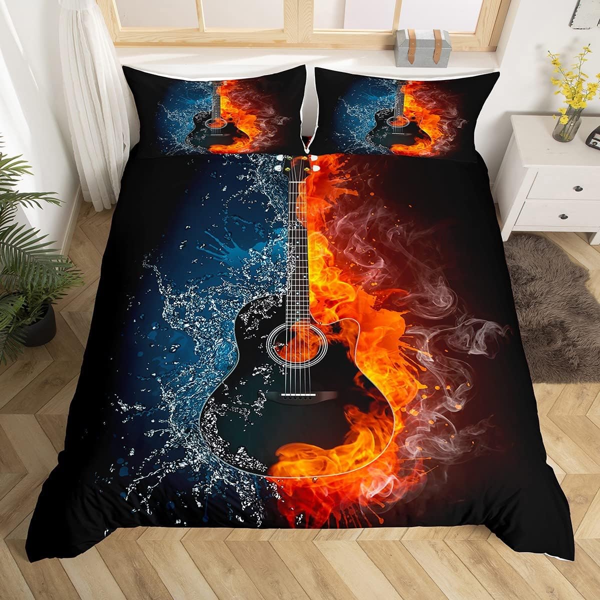 Music Themed Full Size Duvet Set - Vibrant Guitar Design
