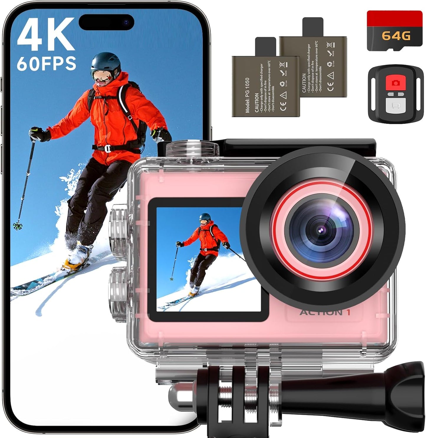 ODDV 4K60FPS Action Camera with Dual Screens and 64GB Card