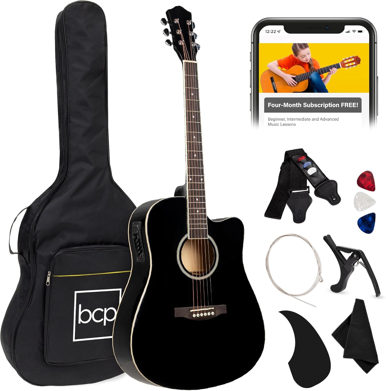 Beginner Acoustic Electric Guitar Set - All Wood Design - Black