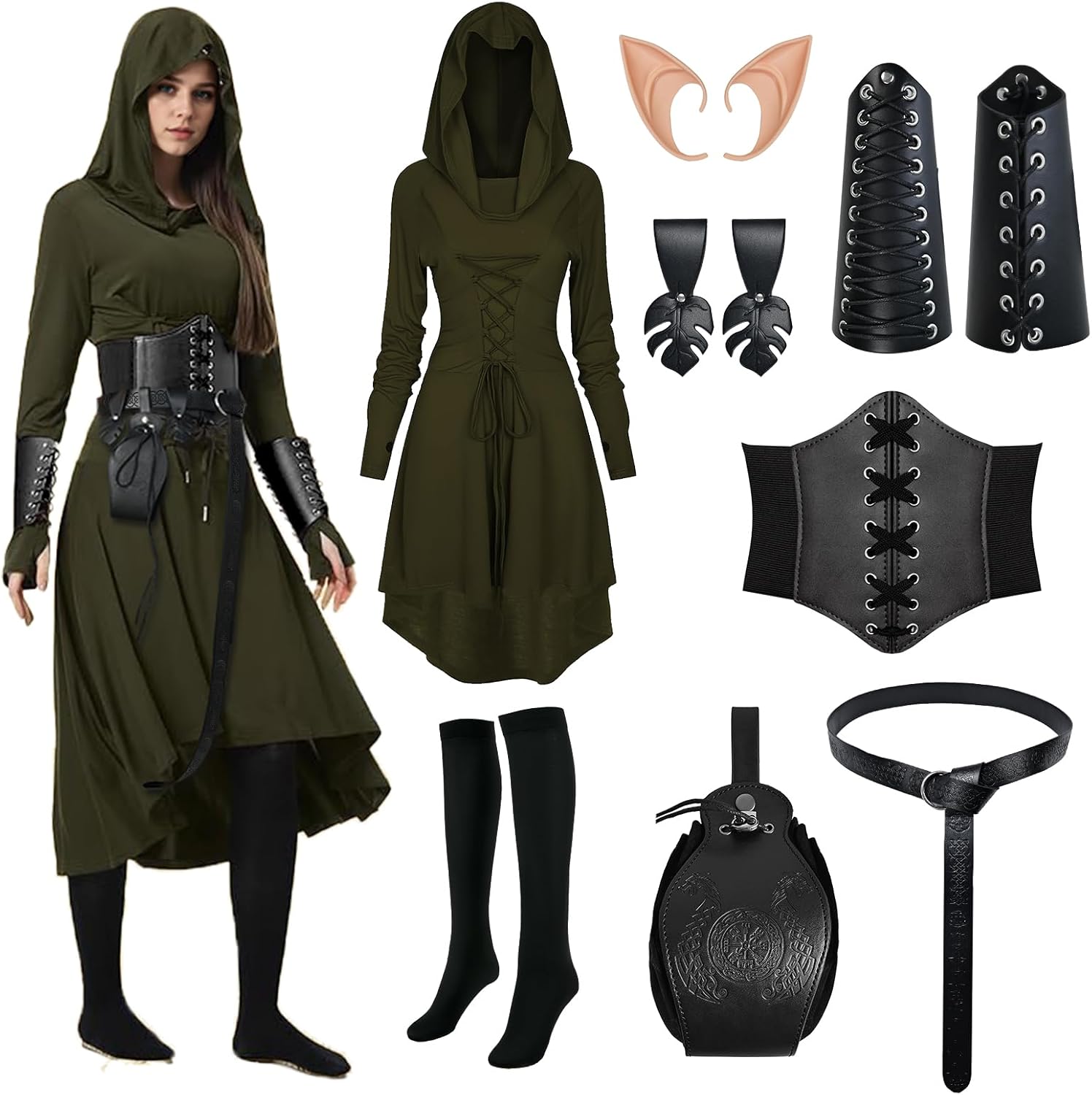 8 Pcs Women Renaissance Fairy Costume Medieval Elf Dress Set