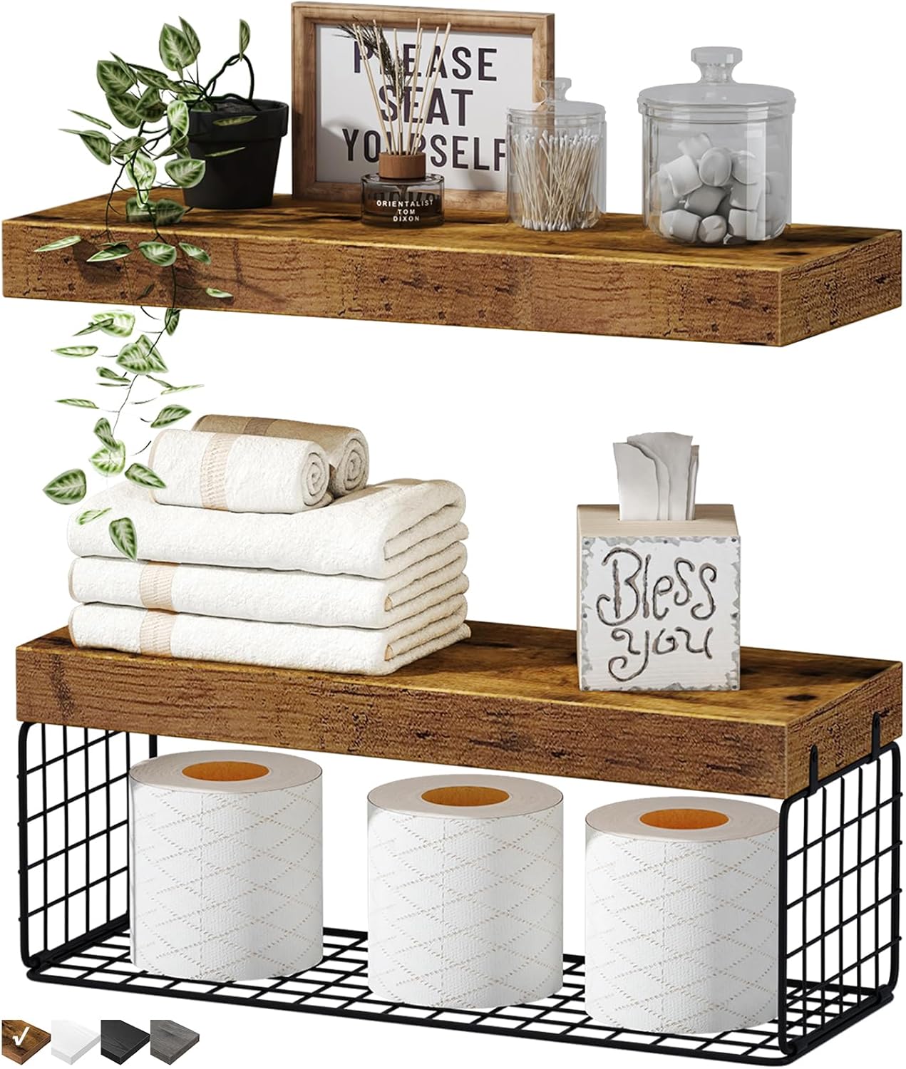 QEEIG Bathroom Shelves Over Toilet - Rustic Floating Storage