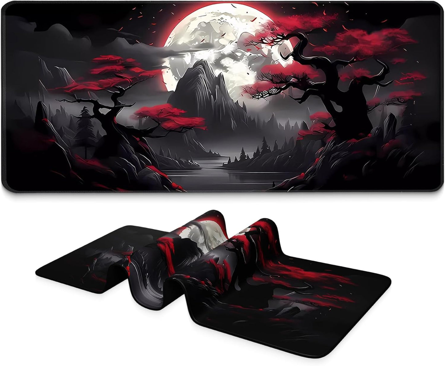 BLITZPAW Extended Gaming Mouse Pad - XL Size, Non-Slip Base, Stitched Edges - Red Moon
