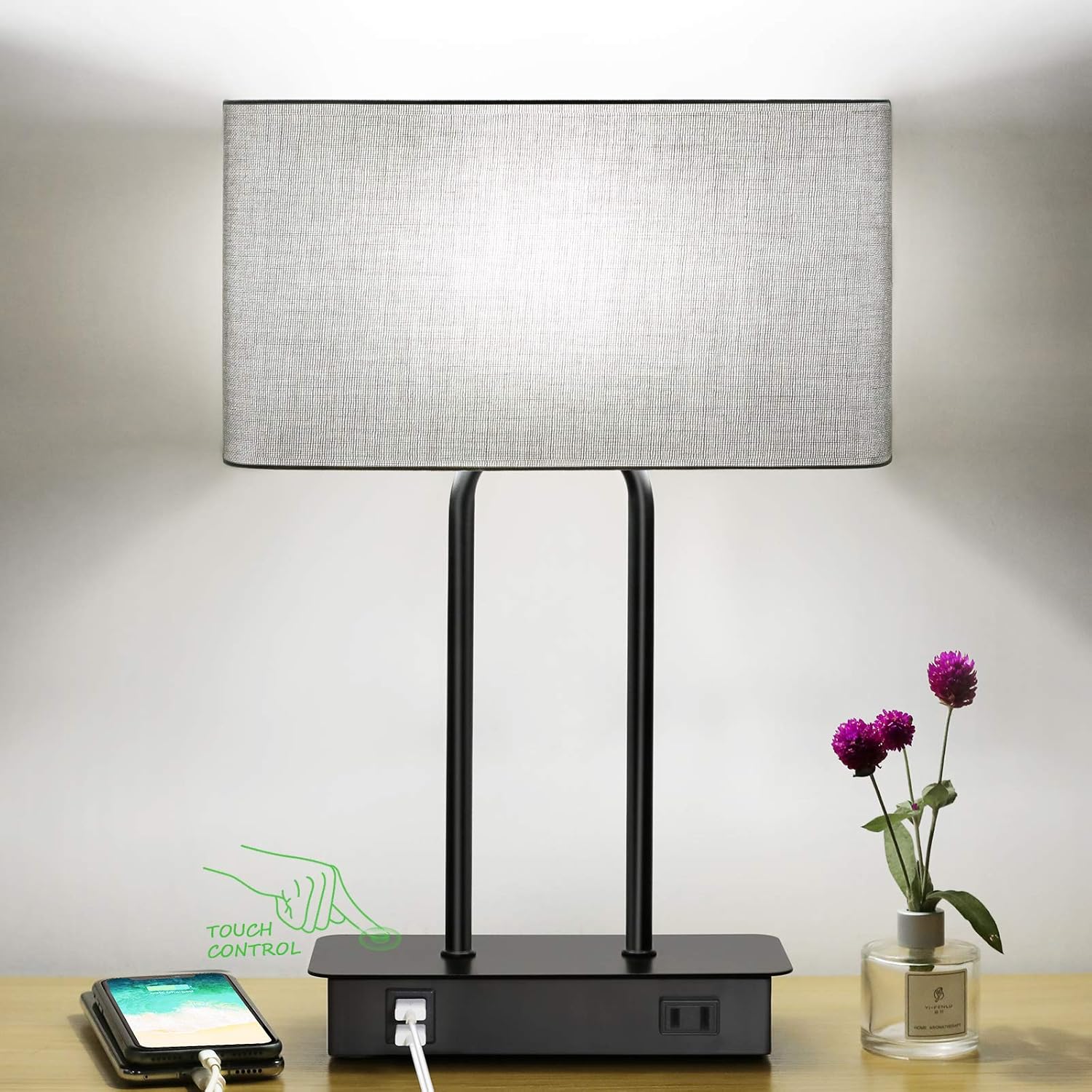 Lakumu Bedside Touch Lamp: Dual USB Charging, Dimmable, Modern Design