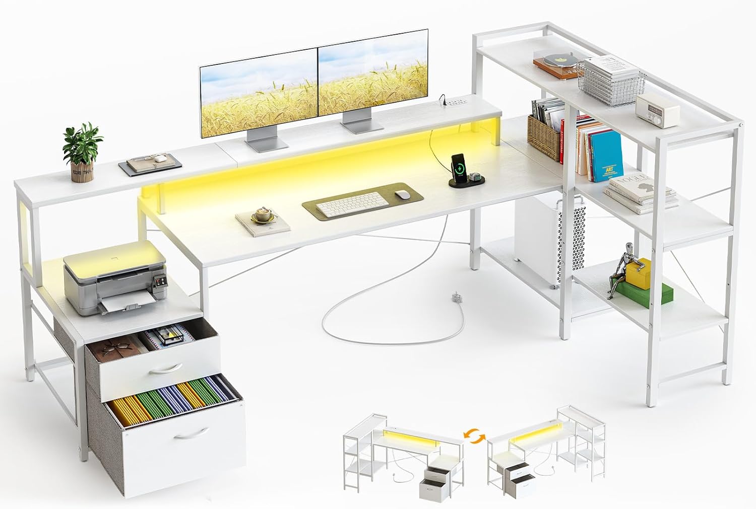 CubiCubi 75 inch Computer Desk with Drawers and LED Lights