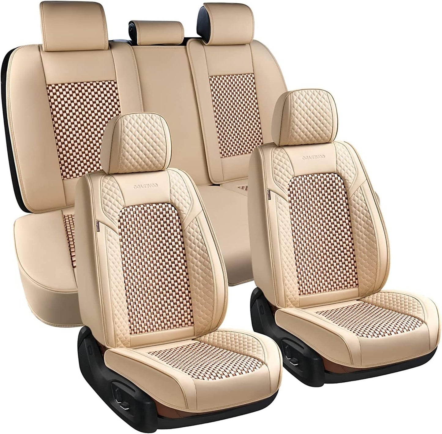Coverado Full Set Car Seat Covers for 5 Seats, Beige Leather
