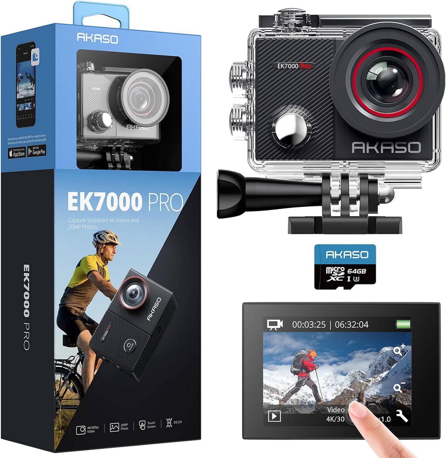 AKASO EK7000 Pro 4K Action Cam Bundle - Waterproof & 64GB!
