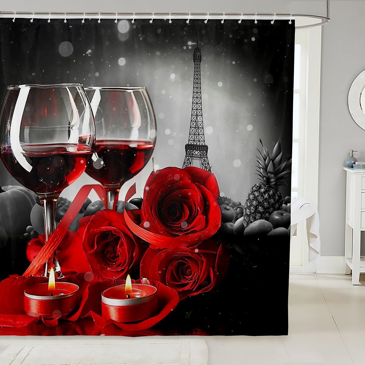 Romantic Red Rose Wine Shower Curtain Set