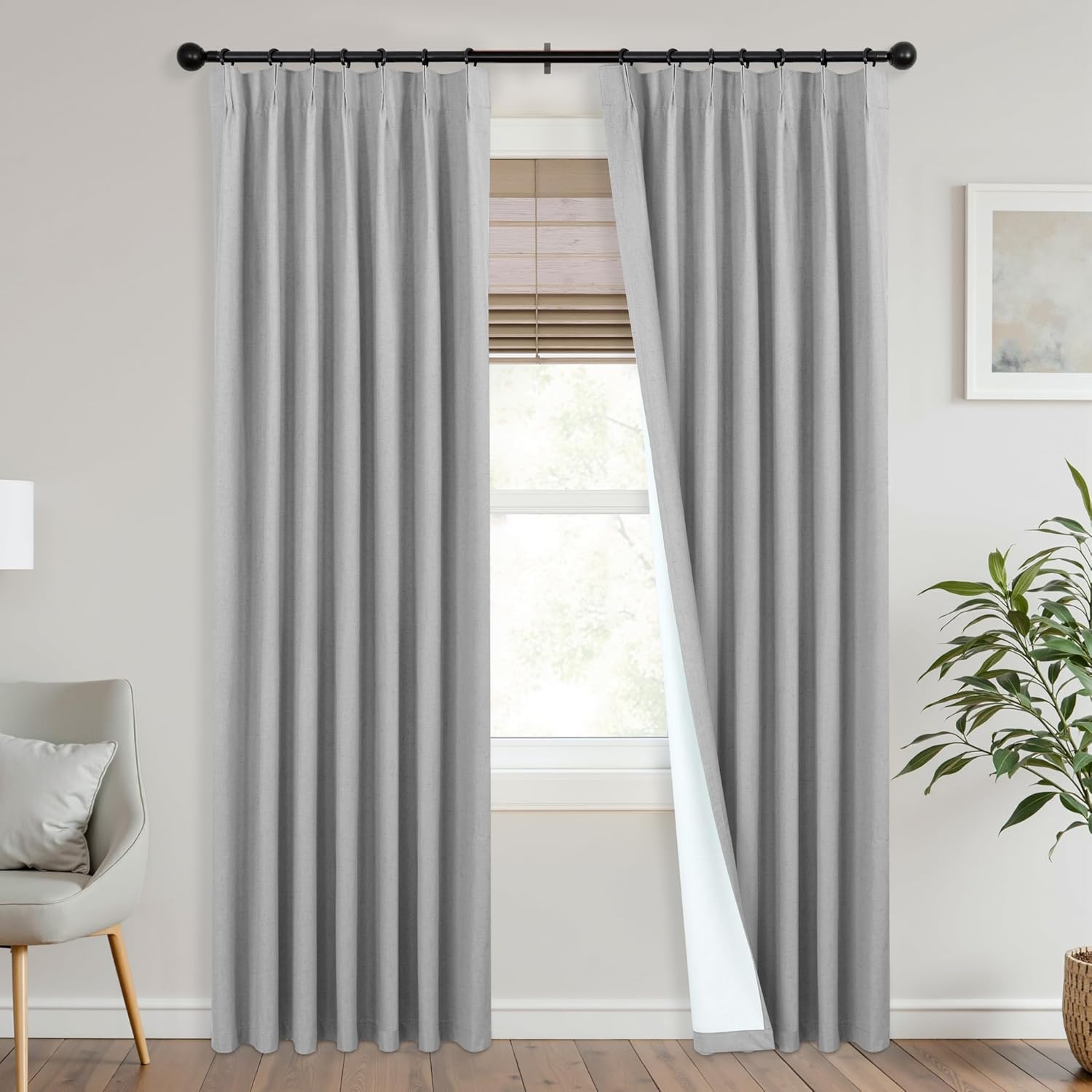 Mrs.Naturall Grey Linen Pinch Pleated Blackout Curtains 42x84