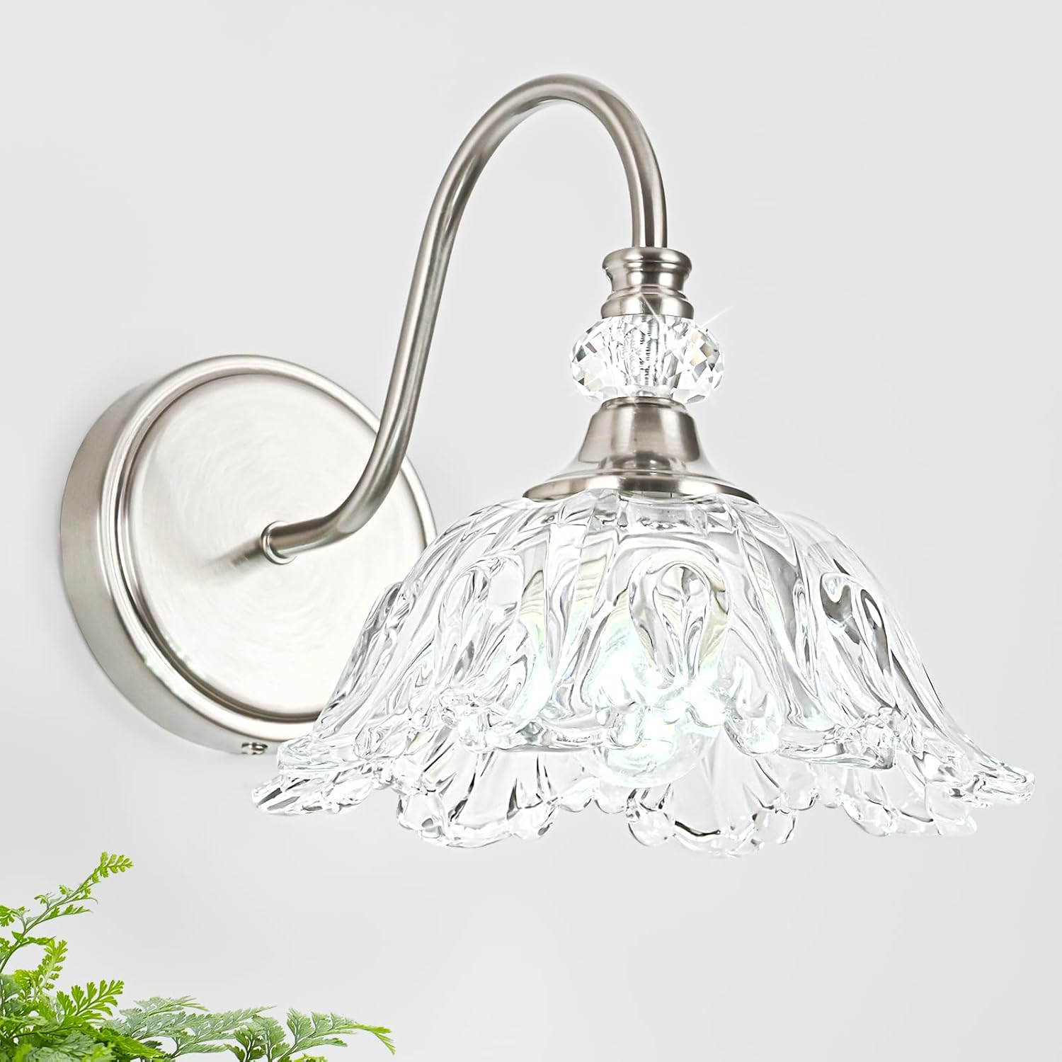 Brushed Nickel Wall Sconce with Floral Glass Shade for Vanity