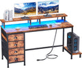 55 in Computer Desk Gaming with LED Lights and 4 Fabric Drawers