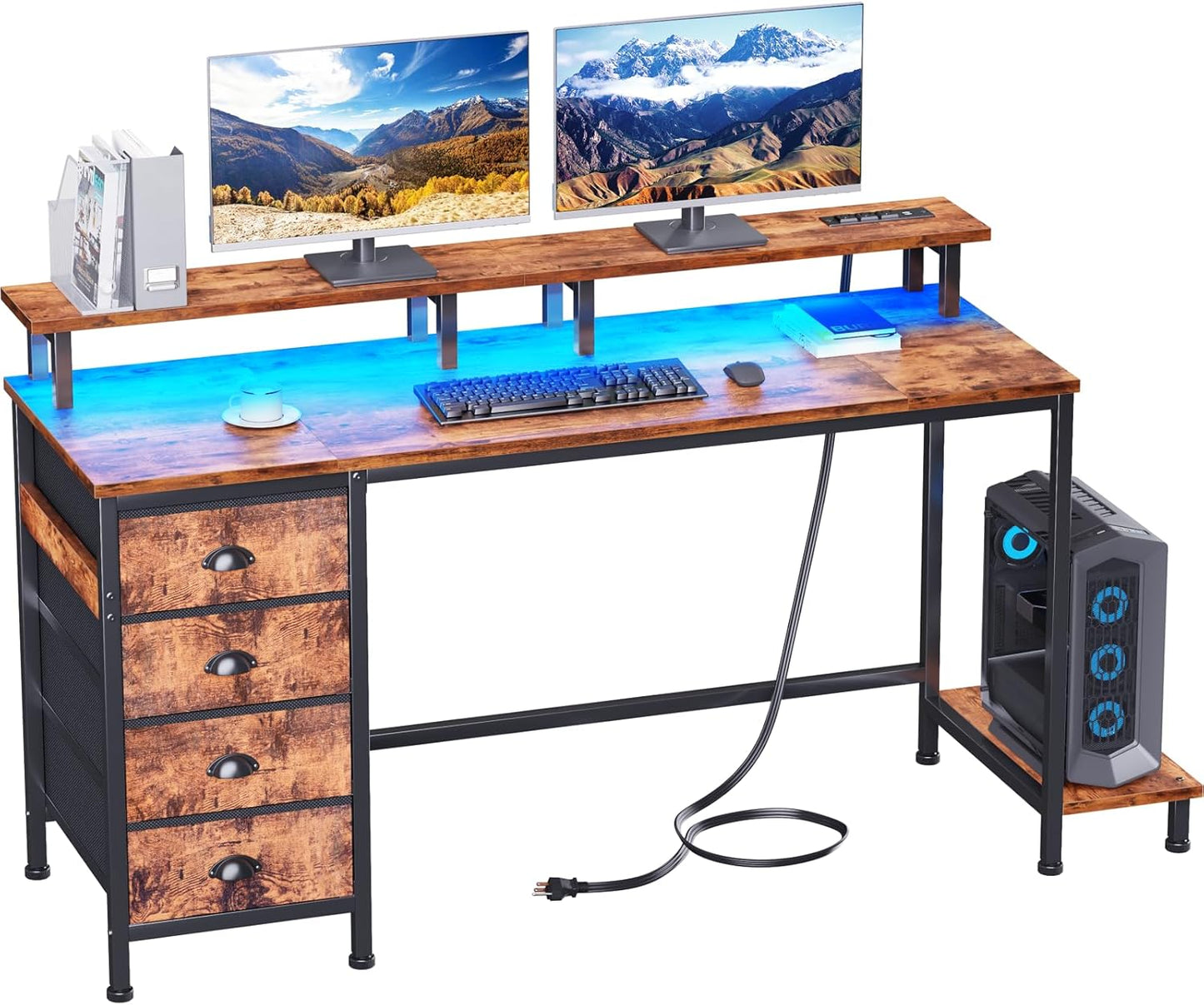 Furologee 55 Inch Computer Desk with LED Lights and Drawers