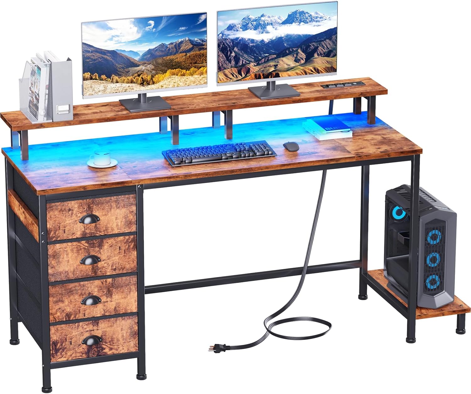 Furologee 55 Inch Computer Desk with LED Lights and Drawers