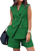 2 Piece Sleeveless Blazer Shorts Set for Women - Summer Business