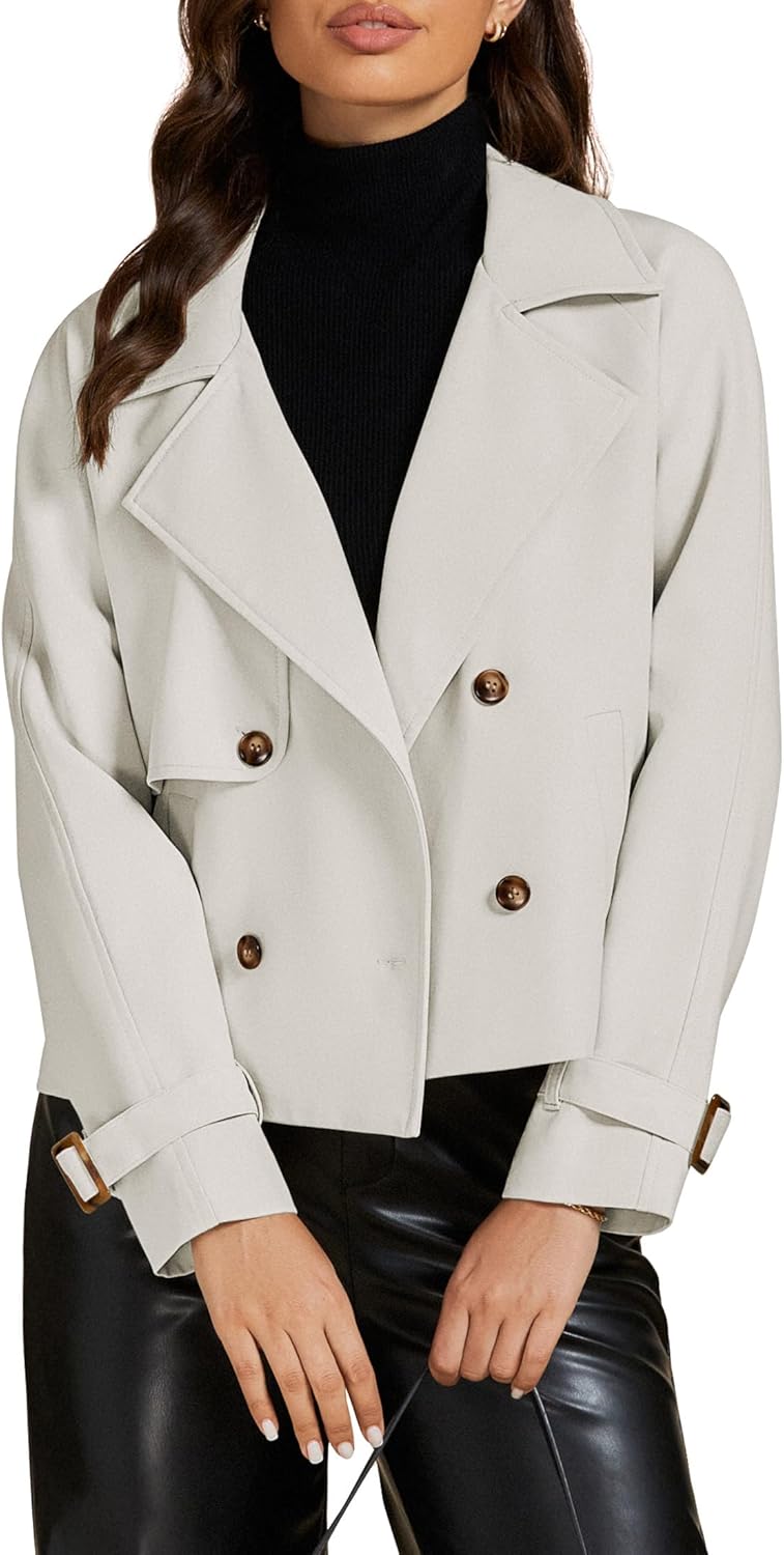 Cropped Trench Coat for Women with Notched Lapel and Pockets