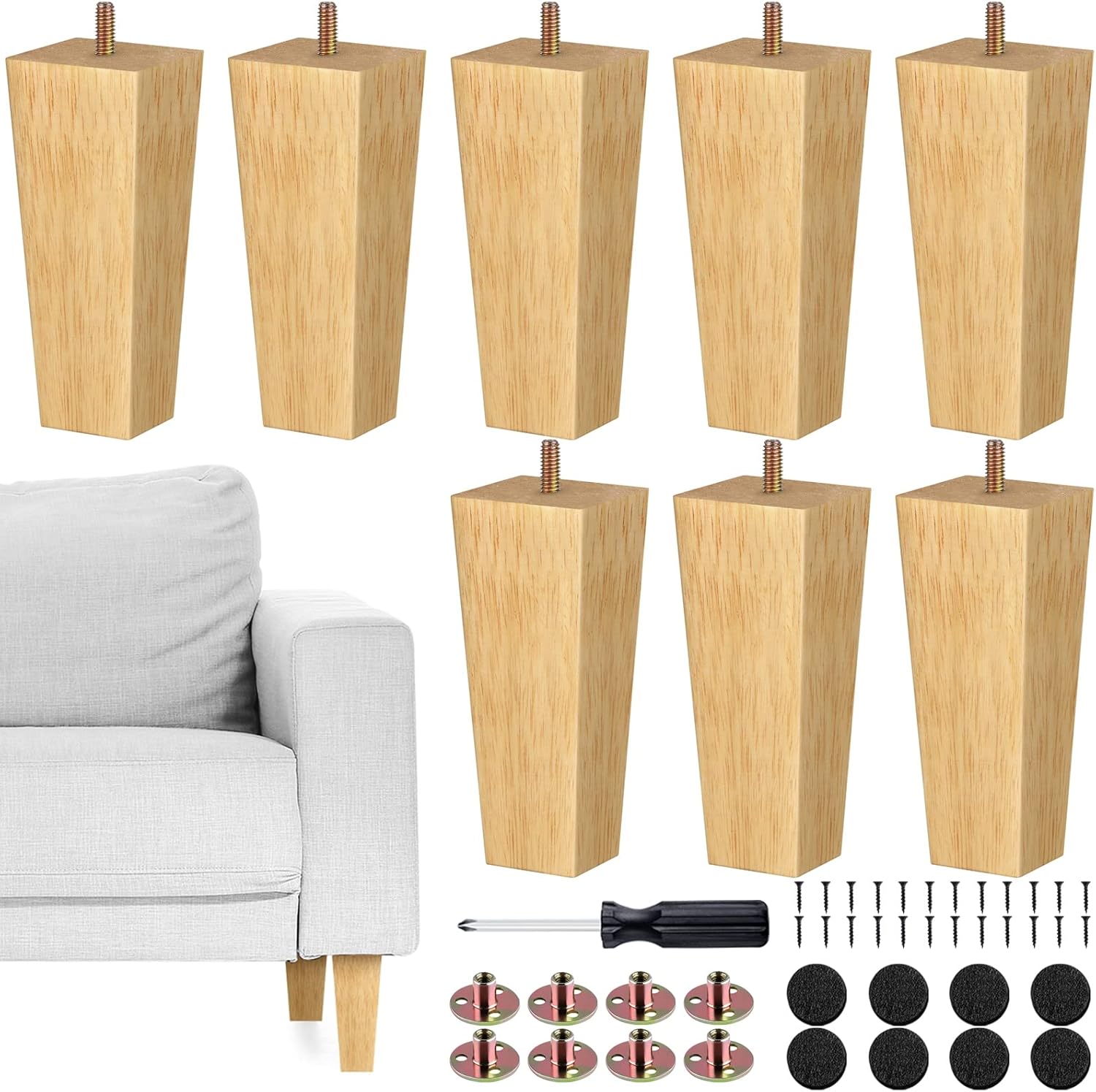TURSTIN Set of 8 Square Solid Wood Couch Legs for Furniture