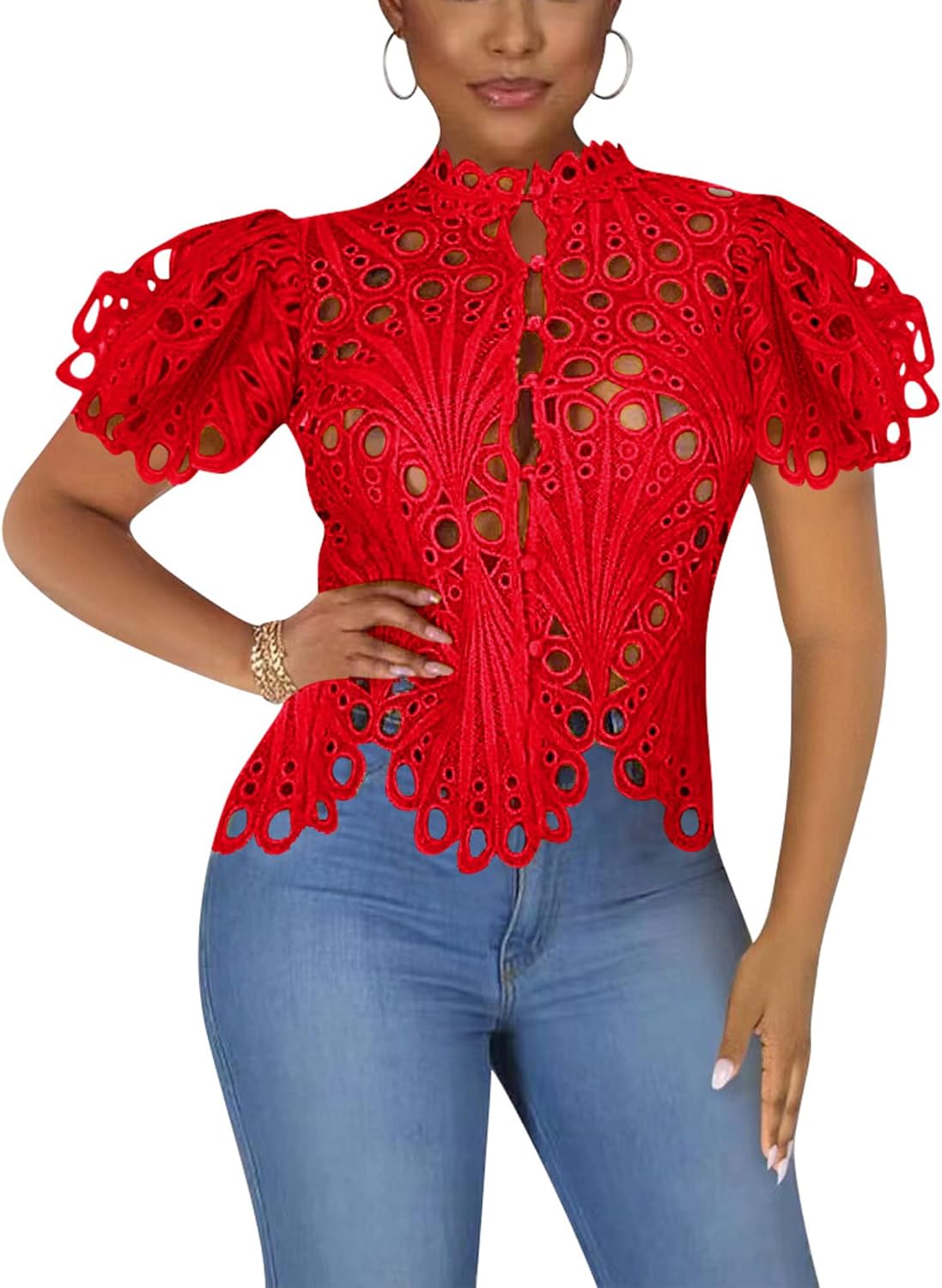 Doweha Womens Sexy Ruffle Long Sleeve Summer Lace Tops 2025