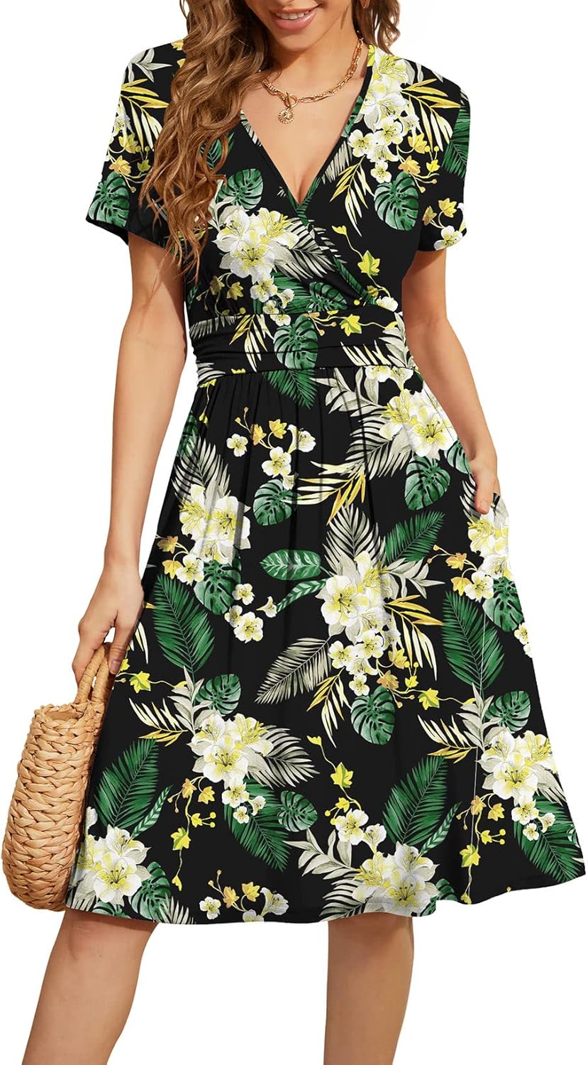 WEACZZY Women's Summer Short Sleeve Casual Floral Dress with Pockets