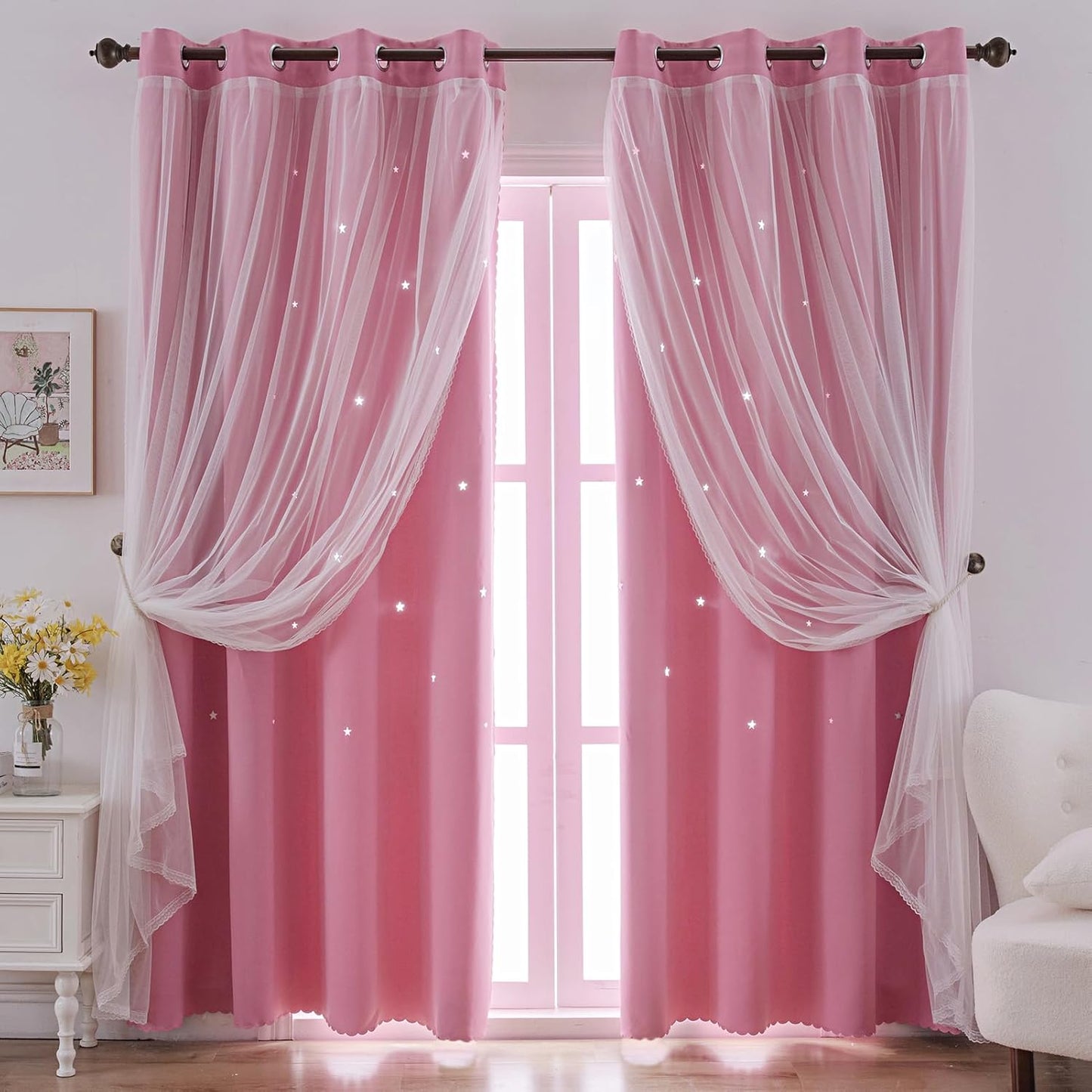 IINDISTAR Star Cutout Kids Window Blackout Curtains for Girls