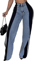 Womens High Waisted Patchwork Striped Wide Leg Jeans - Trendy Fit