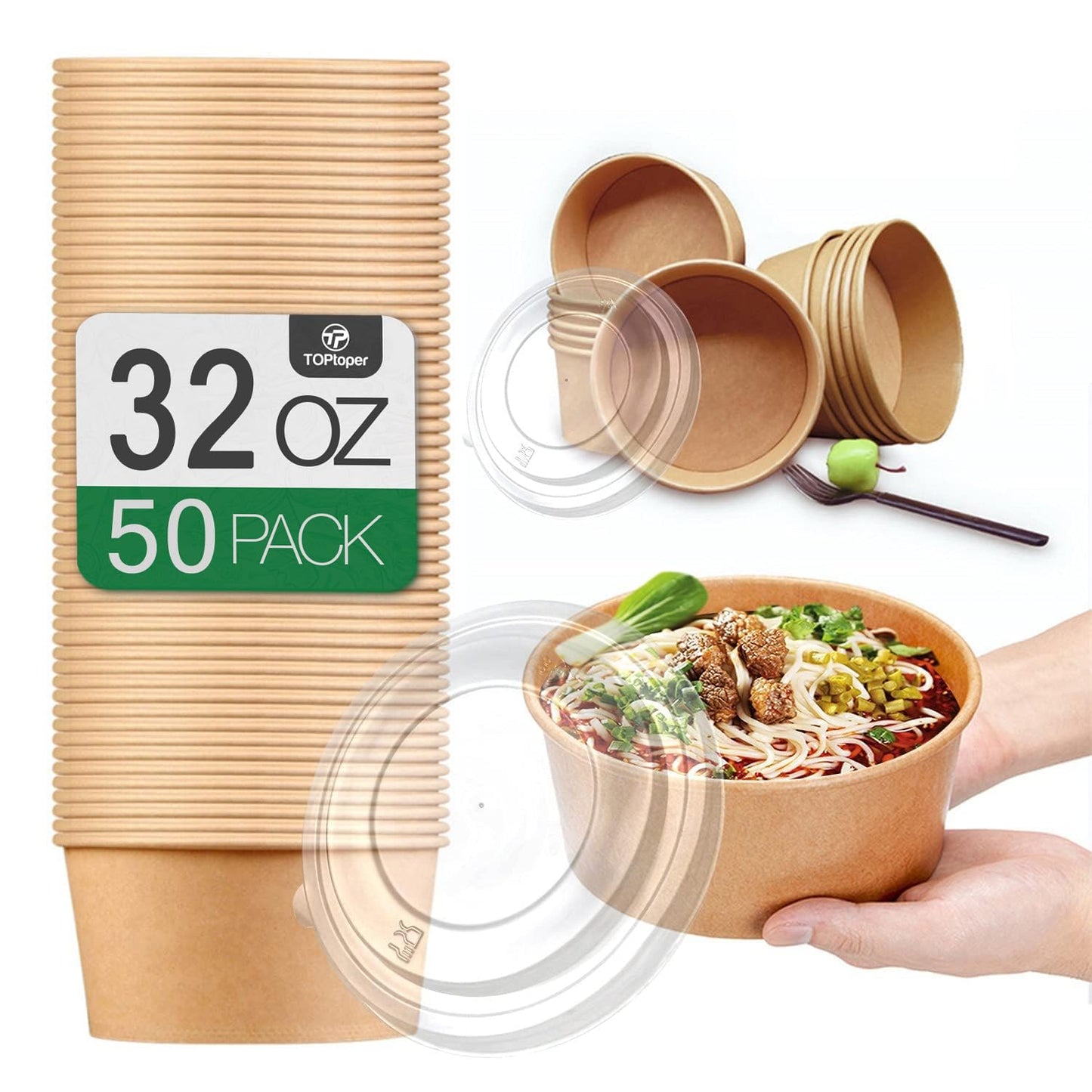 32 Oz Large Paper Bowls with Lids for Hot and Cold Food