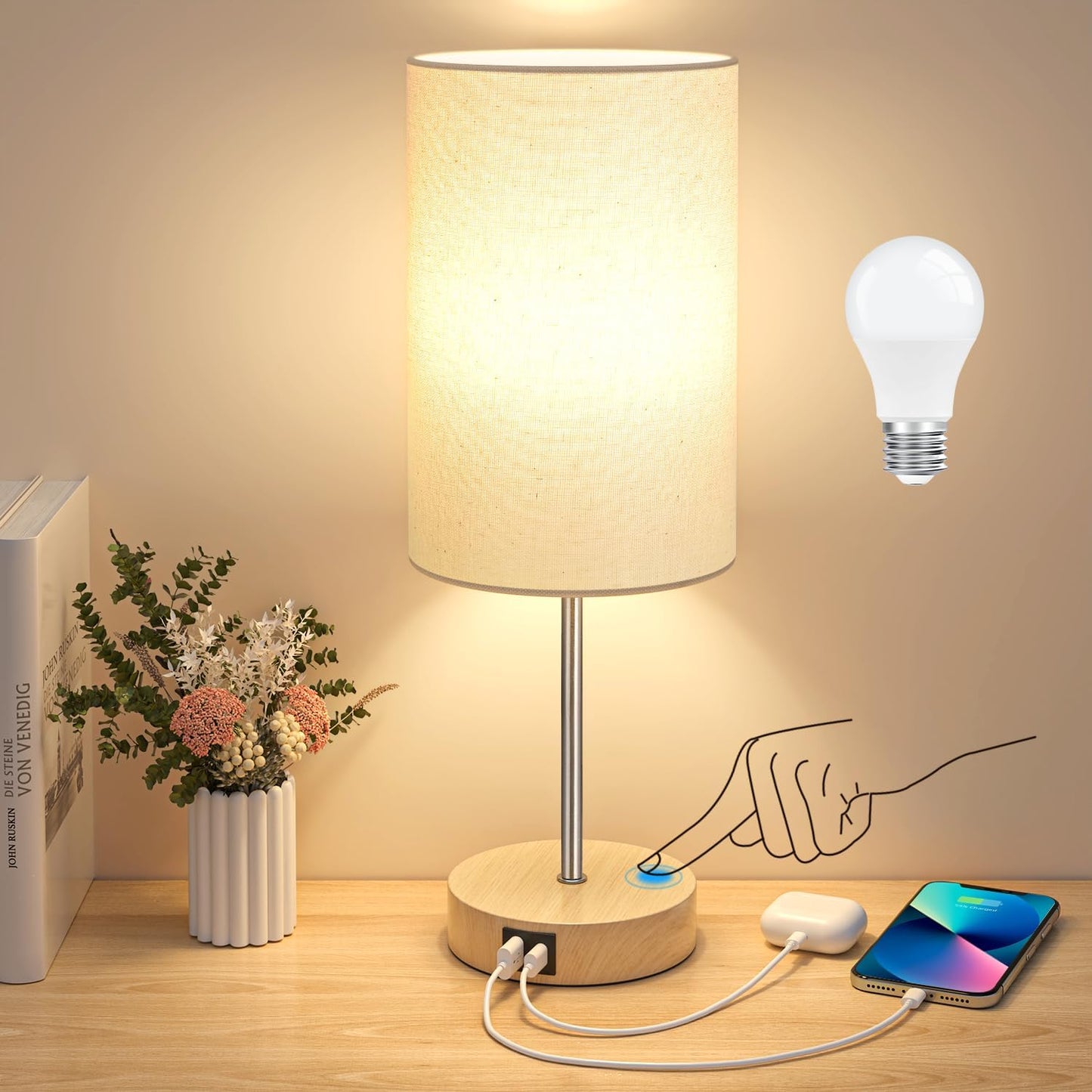 AKASUKI 18Inch Table Lamp with Dual Charging Station and Dimming