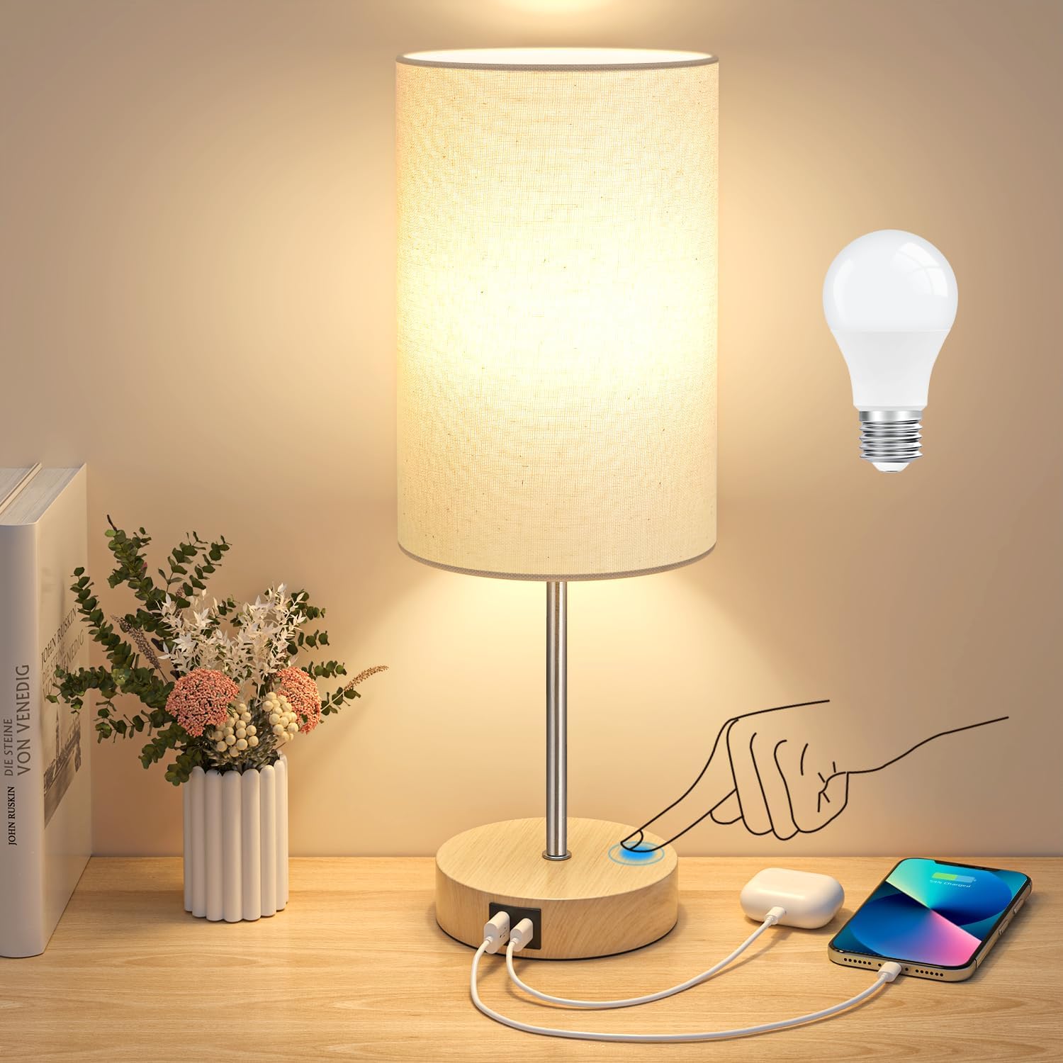 AKASUKI 18Inch Table Lamp with Dual Charging Station and Dimming