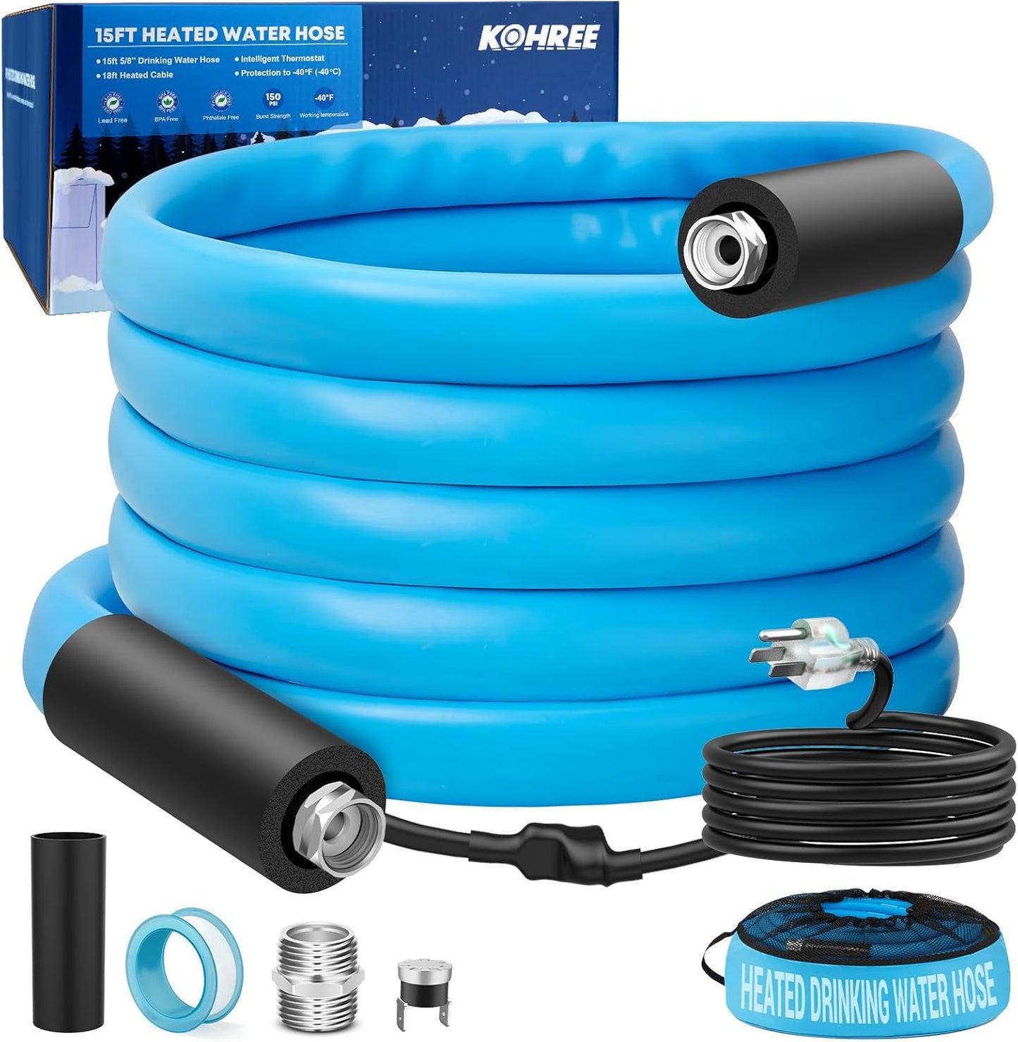 Kohree 15FT Heated Water Hose for RV -40F Freeze Protection