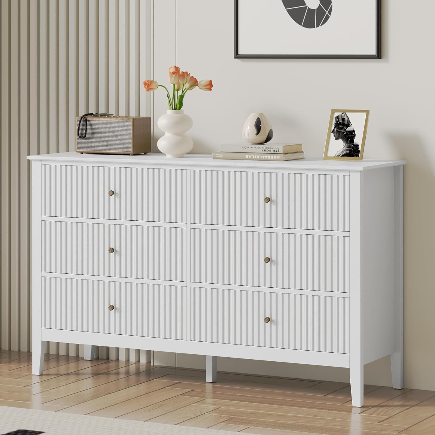 Modern White Fluted 6 Drawer Dresser for Bedroom and Living Room