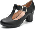 Women's T-Strap Mary Jane Pumps Low Block Chunky Heels - Classic Suede