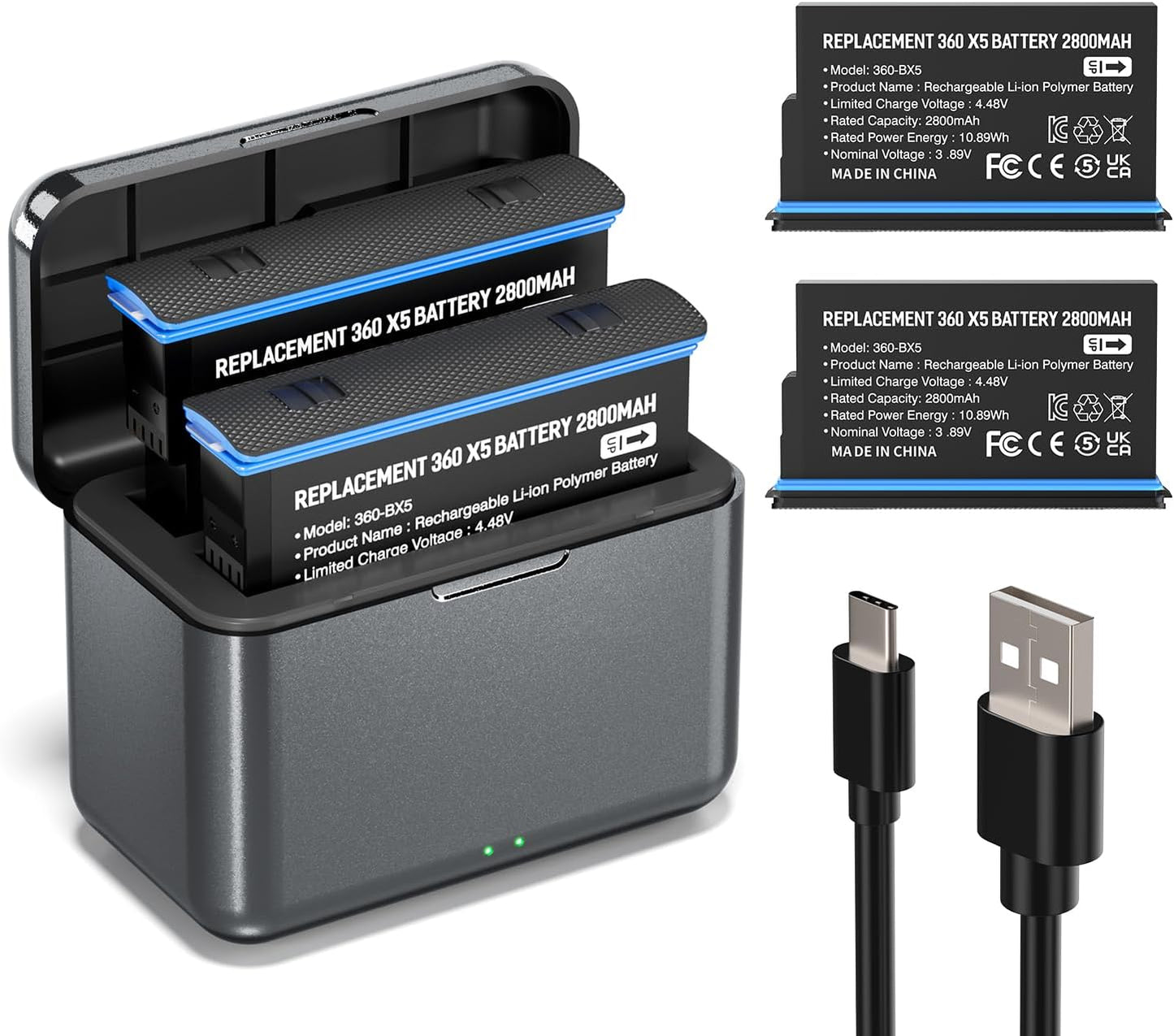 2 Pack 360 X5 Battery with Dual-Slot Charger for Insta360 X5