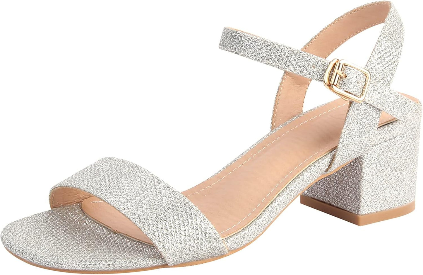 DADAWEN Women's Open Toe Ankle Strap Glitter Low Block Heels