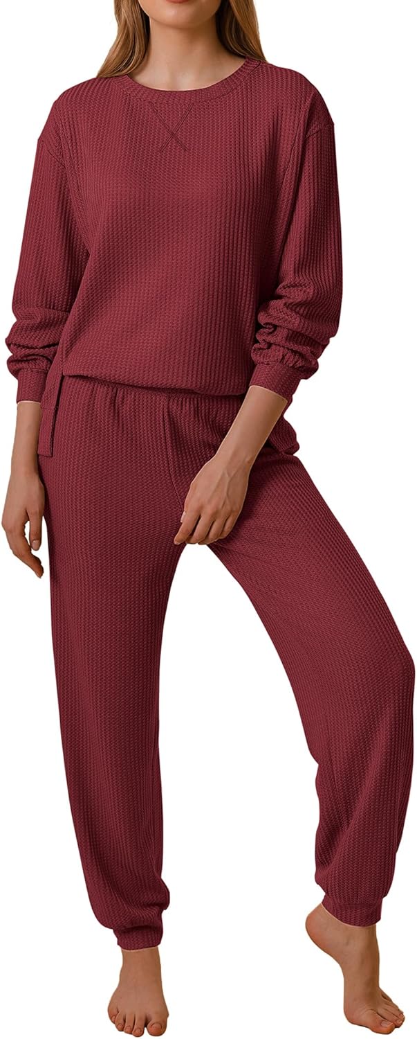 Ekouaer Waffle Knit Lounge Sets for Women Long Sleeve Pajamas