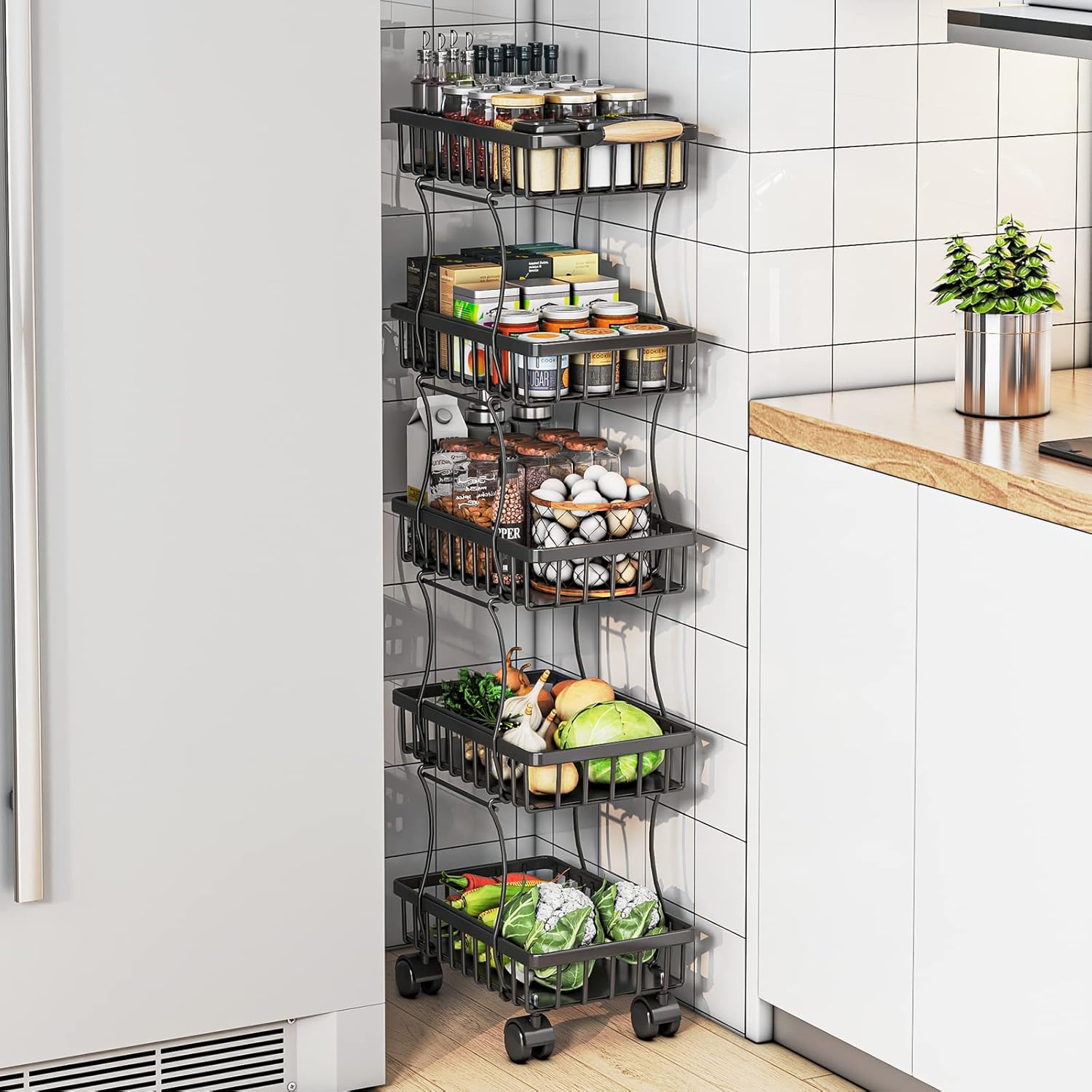 5 Tier Fruit Vegetable Basket for Kitchen Storage Utility Cart