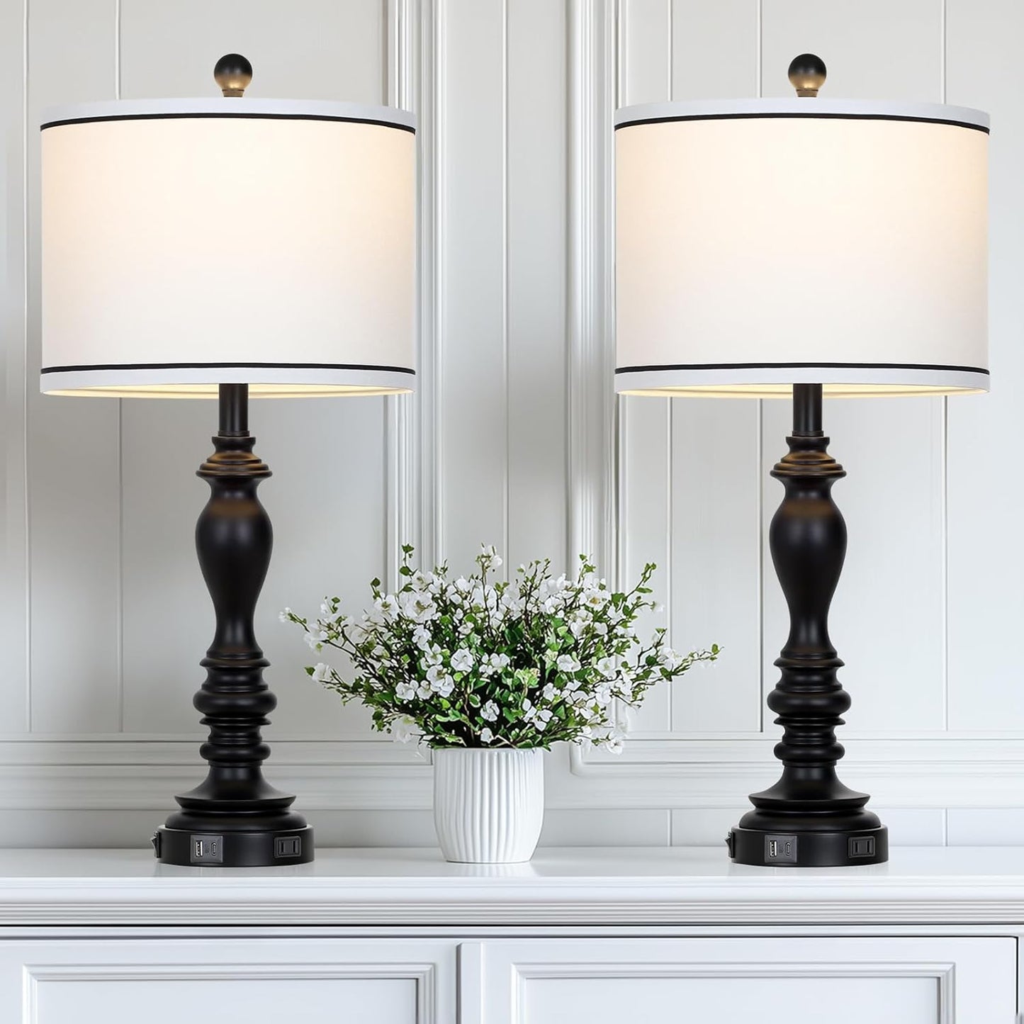 28 in Set of 2 Farmhouse Table Lamps with USB Ports and Outlets