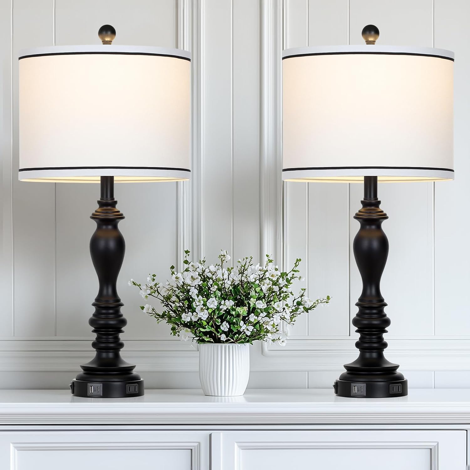 28 in Set of 2 Farmhouse Table Lamps with USB Ports and Outlets
