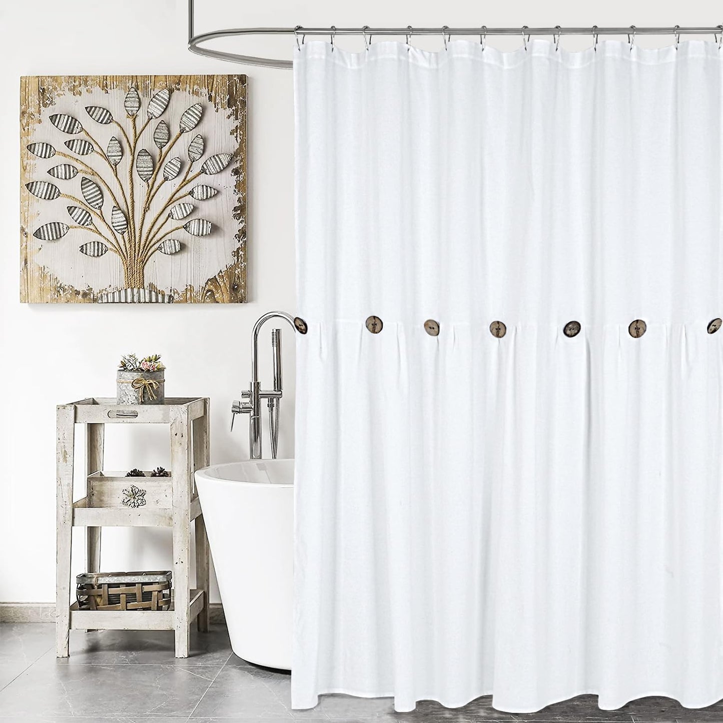 Rustic White Linen Shower Curtain, Farmhouse Chic 72x72
