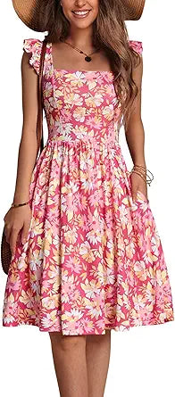 Loemes Summer Cute Floral Flowy Knee Length Sundress for Women