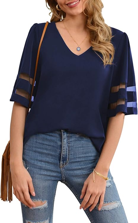 Jouica Women's V Neck Chiffon Blouse with Mesh Panel Design