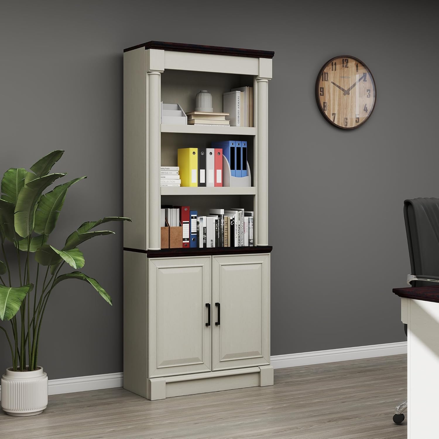 72 Inch Roman Column Bookcase with Double Door Cabinet Storage